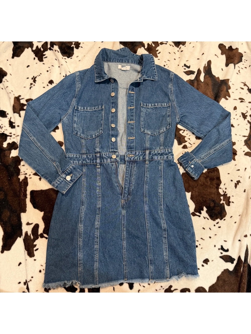 Forever 21 Denim Mini Dress Jacket Style Raw Hem Size Large